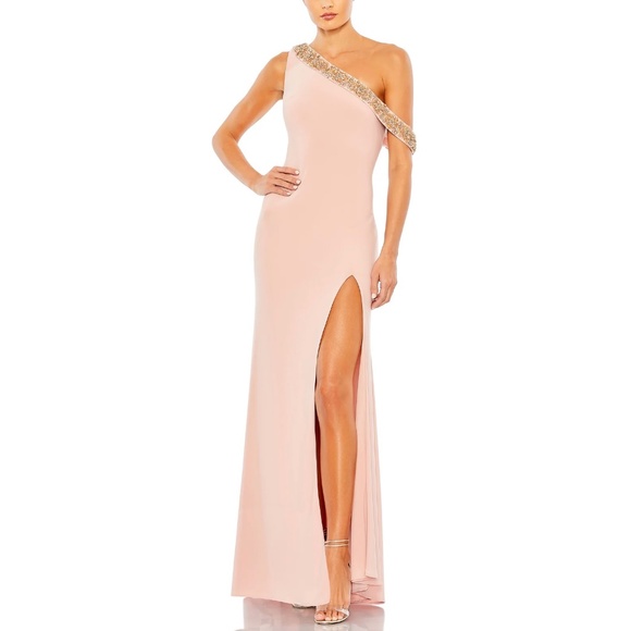 Mac Duggal Beaded Drop Shoulder Jersey Gown Rose size 2